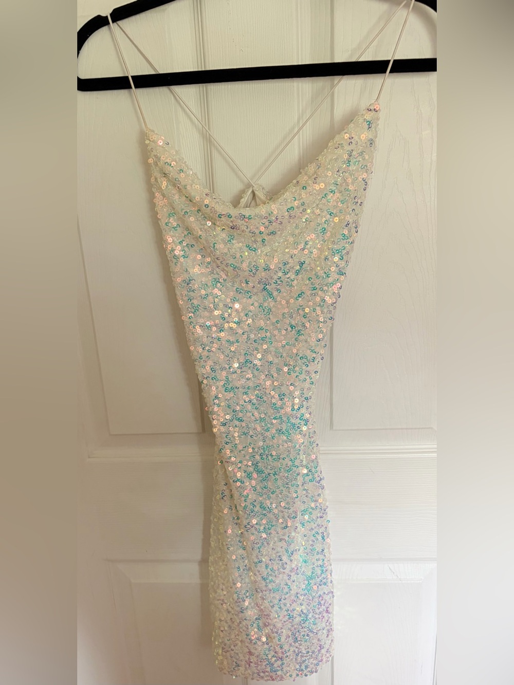 Sequin Spaghetti-Strap Dress in Iridescent White